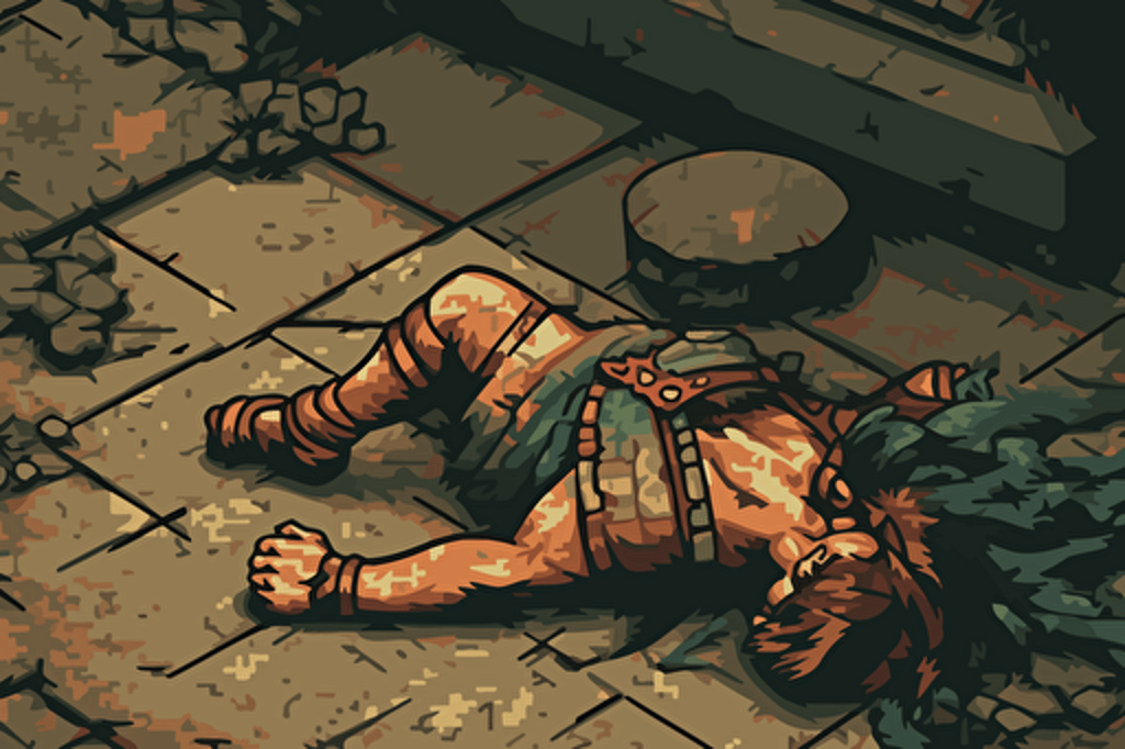 Close up shot of a defeated warrior lying on stone floor made by Paul Gustaf Dore. Retro 90s box art, vector style, inking, pixel art, wounded, bleak, horror, high detail, less warm colors,