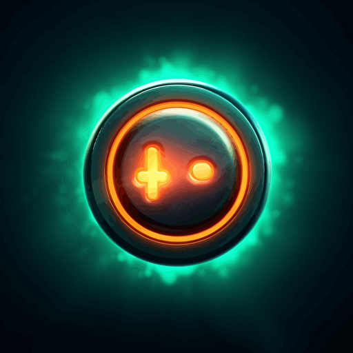 2d game button with text on it, glowing, vector style, very cool