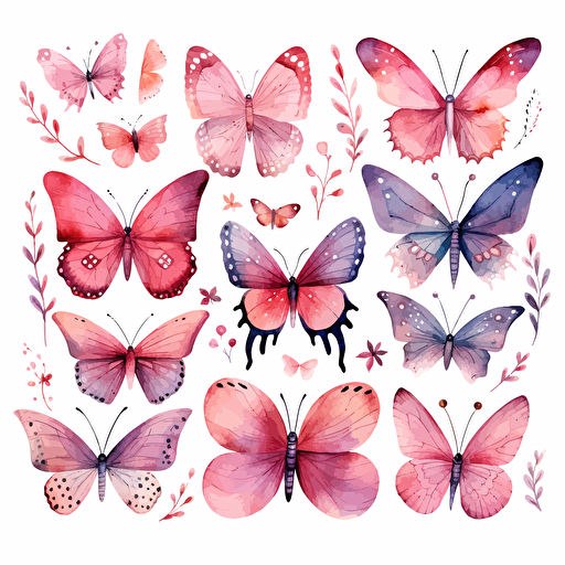 whimsical watercolor illustration of butterflies in hues of pink, blush, magent, vector on white background