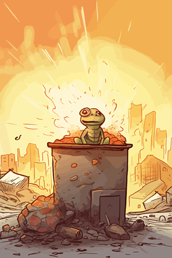 a scared and nervous turtle in front of a dumpsterfire, illustrated vector art, professional work,