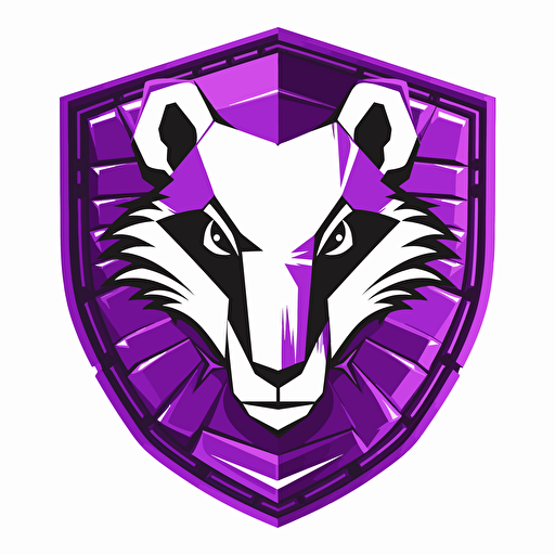 Badger head, shield, cyber, vector art, hacker, hacking, white background, purple tones, no image noise, hyper detailed, maximum detail