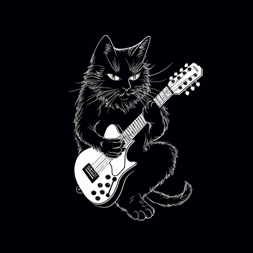 a vector line drawing in black, simple, outline, cat, guitar, blend