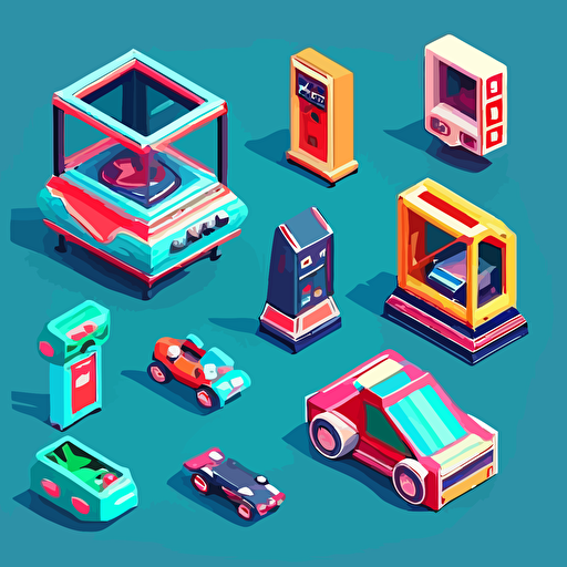 Game machines. Amusement park fun for kids arcade racing pinball drive game automat vector isometric. Recreation active pinball and boxing controller illustration