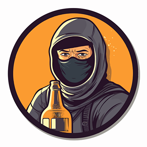 vector round sticker man 70's with balaclava and bottle in hand