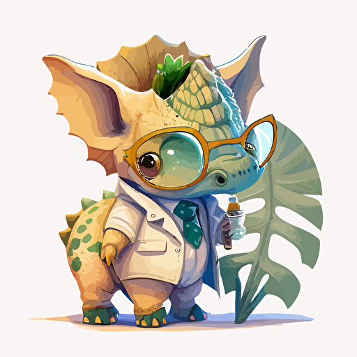 a very cute baby triceratops wearing very big sunglasses dressed up as a doctor, as a cartoon type, as a vector, white background, soft pastel colors