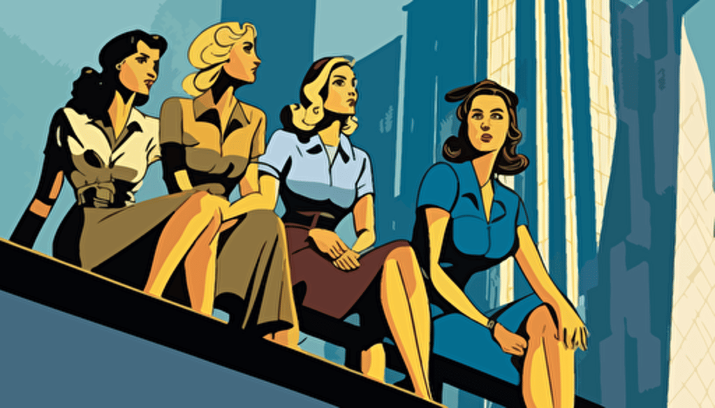 group of middle-aged women, multi-national, sitting on unfinished sky-scrapper beam, futurism vector art, global perspective