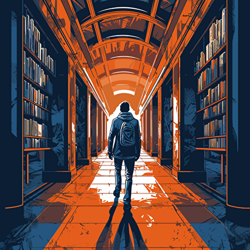 a vector image of a man walking down a long library hallway, blue and orange and dark gray, graffiti style