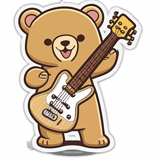 sticker happy teddy bear playing an electric guitar, kawaii, vector, contour, white background