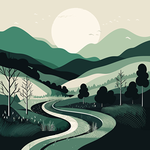 stunning vector art landscape, minimalism, black white and green