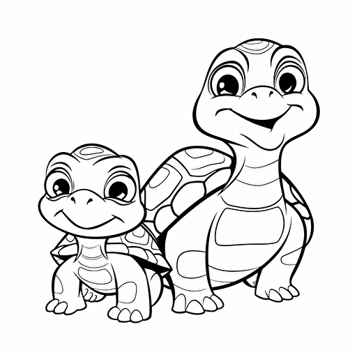 kids colouring page, cartoon look turtle, flat simple vector illustration, cute and happy, black and white, mum and kid