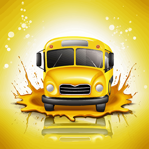 cartoony school bus over a splashy puddle of yellow liquid, logo, vector art