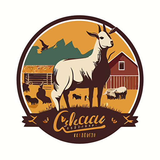 logo, simple vector, goat in front, horse on the side, rabbit laying down, chicken all around, colorfull farm in backround