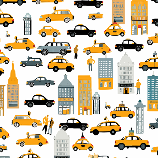 On a white background lots of small taxis New York flat vector illustration cartoon patterns