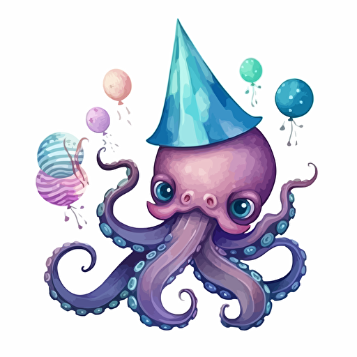 happy birthday octopus, detailed, cartoon style, 2d watercolor clipart vector, creative and imaginative, hd, white background