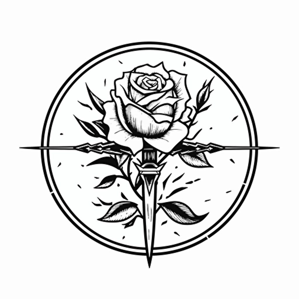 minimal vector art sigil of a rose and a blade, sharp, simple design, black on white backdrop