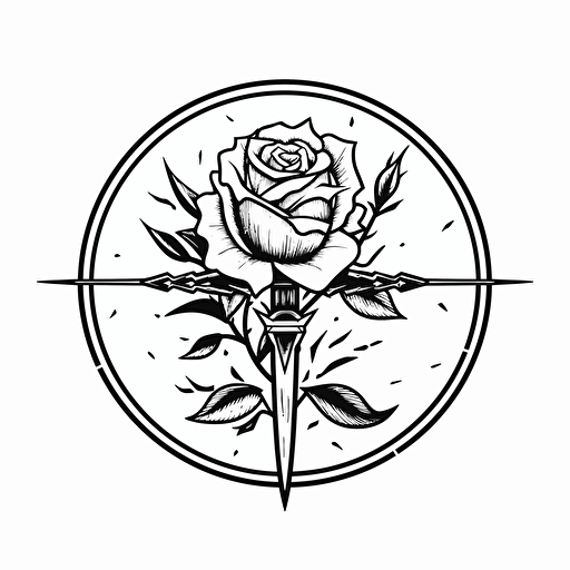 minimal vector art sigil of a rose and a blade, sharp, simple design, black on white backdrop
