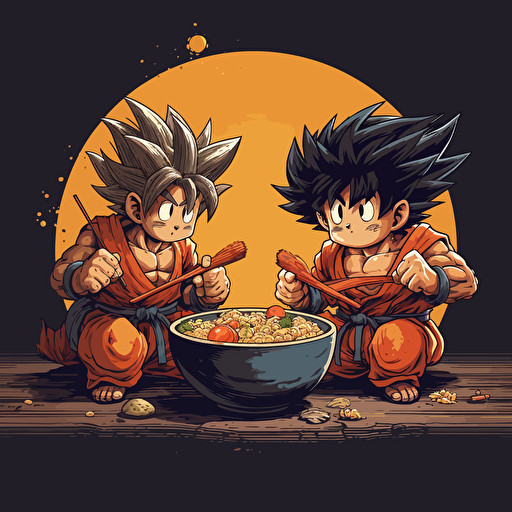 Goku vs Kirby ramen eating contest. Vector image. Drawing. High detailed. Black background.