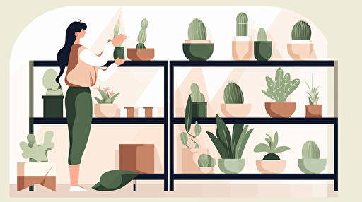 putting a simgle plant pot of succulent on a shelf, zoom in, flat color, vector illustration, for blog thumbnail image, simple, white background