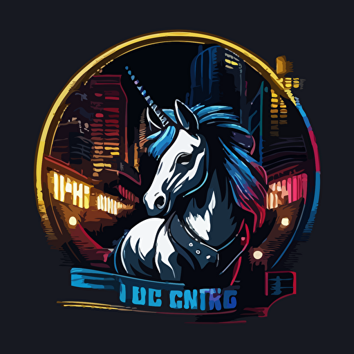 unicorn working as a bouncer in front of a night club in the bad part of city, vector logo, vector art, emblem, simple cartoon, 2d, no text, white background