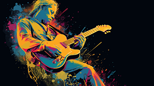 vector illustration of a guitar player dancing around in vivid colors