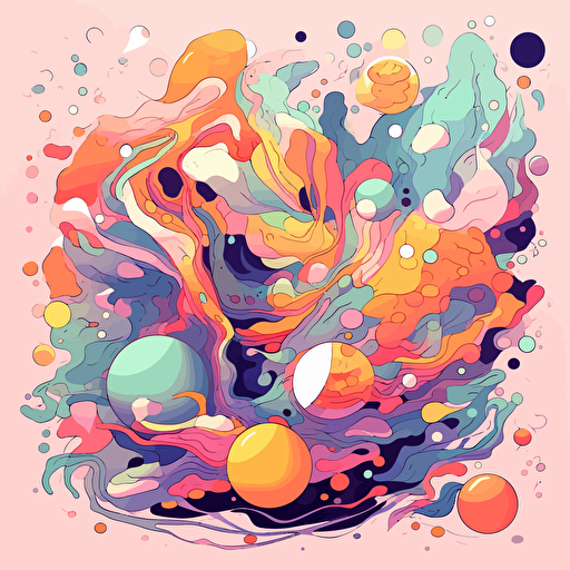 A modern piece of wall art in an illustrative vector style with bright vibrant colors of pastel peach, purple, green, yellow, blue in the style of Elena Smith, think of something that would be sold at urban outiftters