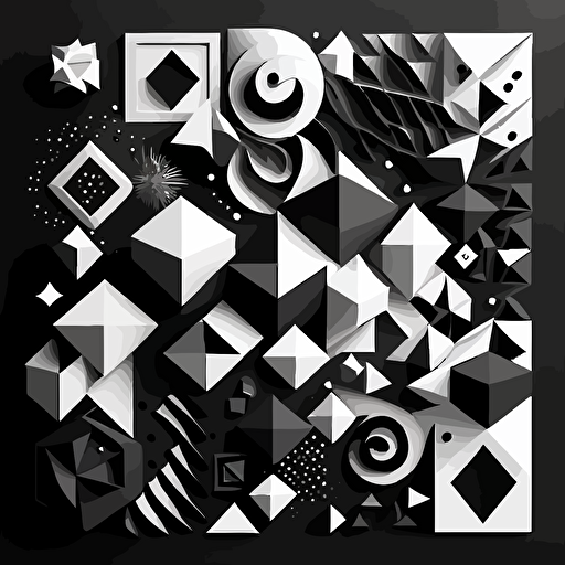 A flat black and white vector composition of geometric patterns and shapes