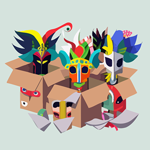 illustration of many rio carnival costumes that are stuffed and packed in open boxes. made with a vector based minimalist cartoon style, on a flat grey background, in a front facing angle