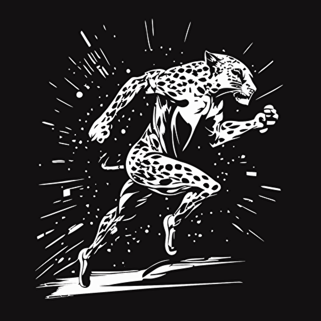 an uncluttered illustration with a leopard, it is the club's mascot. Represent the whole body of the animal running. 80s spirit, vector, in black and white, flat 2d