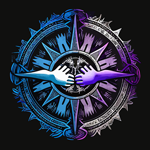 The logo whose main theme is friendship and mutual assistance in the field of finance throughout Ukraine, compass and handshake(with five fingers please). The color scheme consists of a silver/blue and purple/white split on a black background. logo vector hd quality