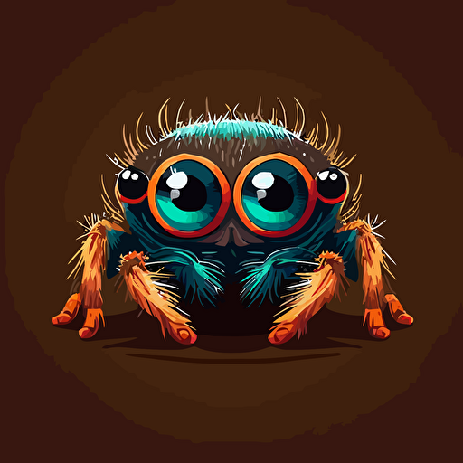 adorable jumping spider with bright chelius, flat vector style with 10 colors, giant eyes and eyelashes in a minimal style