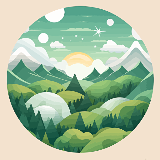 flat design, vector art, cicle logo of aerial view of landscape of green forest, very bright white clouds, bright sunrays, mountains in the background, wonderful, beautiful, inspiring by Arthur Kopcke