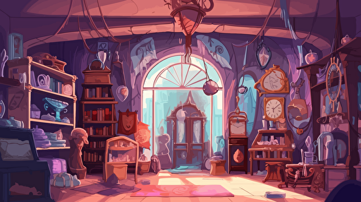 vector illustration, Inside Quirky Fantasy Shop, 2d animation, anime, vector image