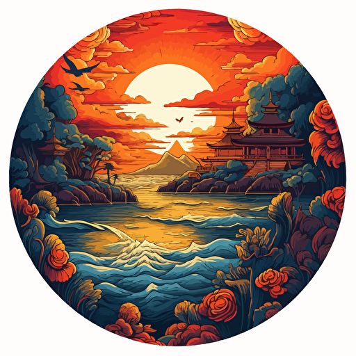 round up design with digital illustration of bali sunset beach, magic world inspired by Studio Ghibli, vector illustration, intricate details, unreal engine, extremely high detailing, sharp, white background