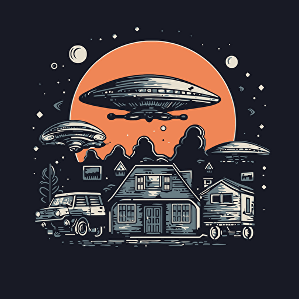 ufo delivering pizzas design, suburban night scene, retro, 2d, vector, white background