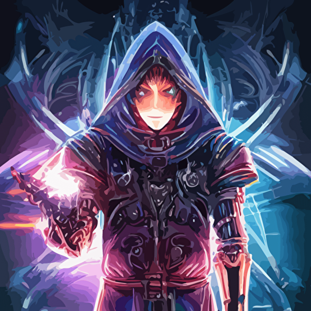 2 5d cgi anime fantasy portrait artwork hooded intricate elite cybernetic sorcerer warrior character high quality glistening beautiful colors rich moody atmosphere reflections specular highlights omnipotent megastructure realistic detailed background brandishing iridescent cosmic weapons colourful 3d crystals gems dark ominous clothing gritty realistic smoke portrait style makoto shinkai greg rutkowski animated animation