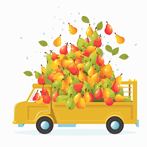 truck full of pears fruit falling out, colorfull, vivid colors, white background, vector style