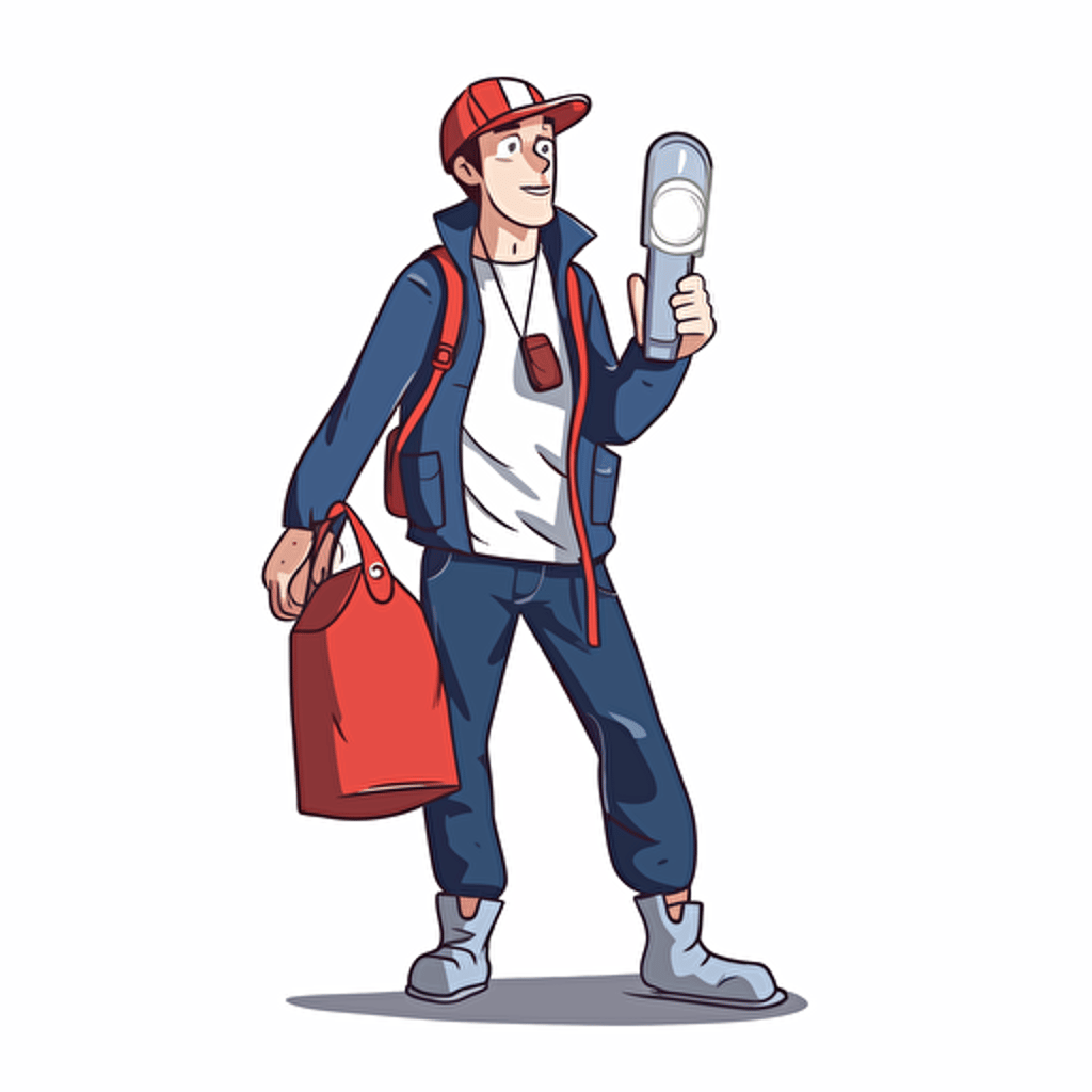 Vector cartoon of a field engineer wearing a white hardhat, dark blue jacket, and work shoes, gripping a flashlight, accompanied by a red bag hanging from their arm. extreme simple, White Background. Vector cartoon.