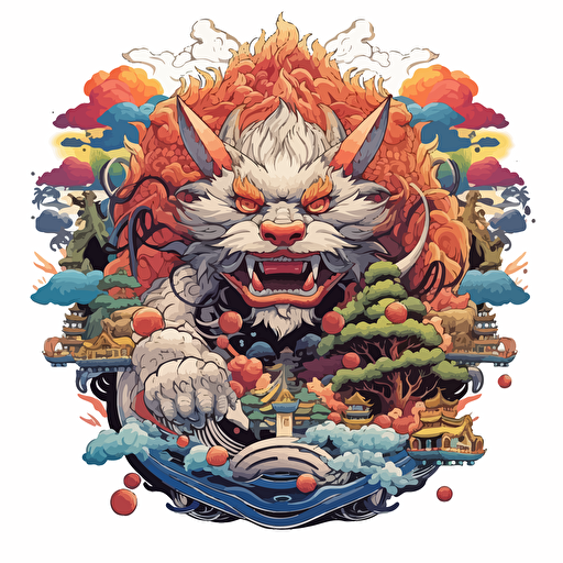round up design with digital illustration of okinawa shisa, magic world inspired by Studio Ghibli, vector illustration, intricate details, unreal engine, extremely high detailing, sharp, white background
