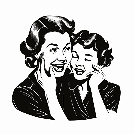 vector image of a laughing out loud mother and laughing out loud child sharing a secret whisper in ear, logo art, brand logo, black and white, no background,