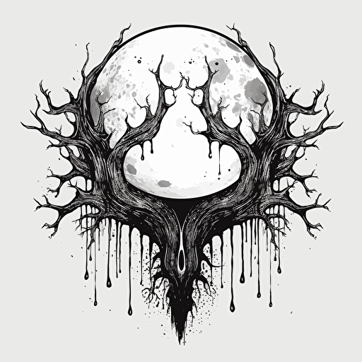 flat vector, occult, logo, black and white, ink style, cresent black moon, black stylized moon, eye, goat eye, moon, tree black tears, with the word: volva