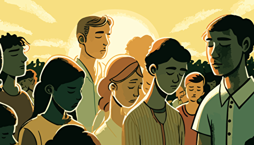 Vector Art, WIDE ANGLE shot with considerable depth of field between the foreground and background. The Sun is starting to set on a warm summer day. Soft, richly colored image focusing on a small group of modern day Christians of all ages and genders, who've gathered casually to pray, They are attired for the summer. They are huddled together, with heads bowed, praying and holding each other's hands facing the beautiful sun as it begins to set on the horizon.