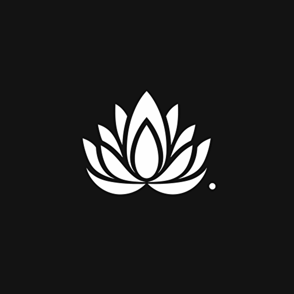 simple geometric iconic logo of a union of lotus flower and a house, white vector, on black backgroung