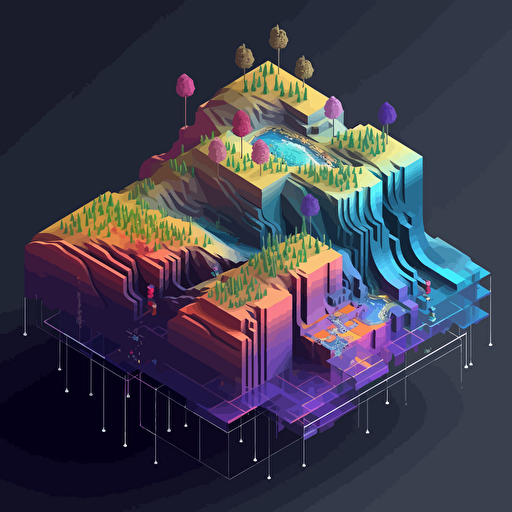 visualize two cross-sectional isometric data layers, iridescent geometric connection paths, isometric, vector shapes, nature terrain theme, magical