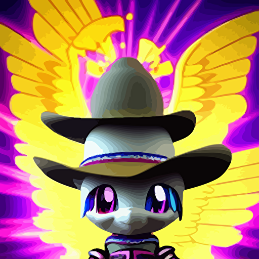 3d render chibi pony knight style ichiro tanida wearing big cowboy hat wearing angel wings psychedelic swirly background 3d butterflies 3d flowers n style 1990 s cg graphics 3d rendered y2 k aesthetic ichiro tanida 3do magazine
