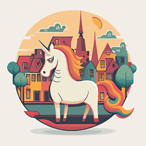 funny unicorn in the bad part of city, vector logo, vector art, emblem, simple cartoon, 2d, no text, white background