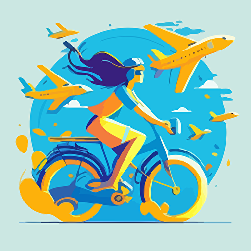 Flat vector style illustrtion girl riding bicycle with plane Mriya flying on the background optimistic scenes of life calm colour palette with blue and yellow color 2D, Malika Favre style