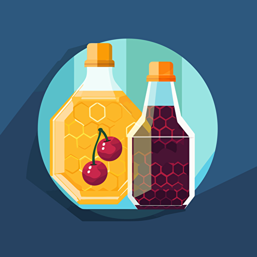 1 single spheric glass bottle: inside a piece of honeycomb and a pair of cherries. Flat vector illustration in the style of Kurzgesagt. no multiple bottles