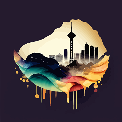 colorful vector art, chinese dumplings, background is a silhouette of taipei 01 with galaxy, galaxy vector art