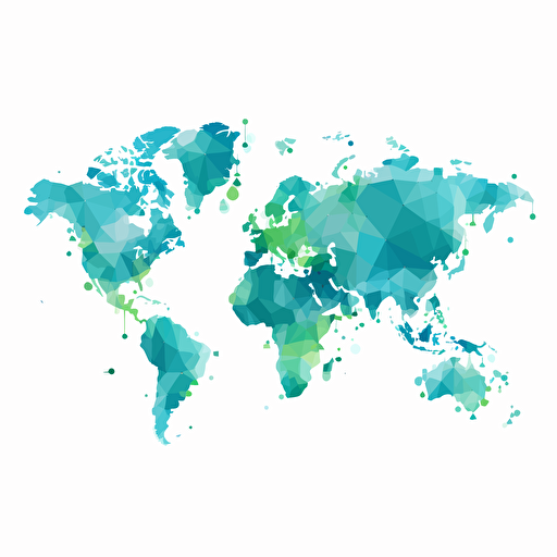 Blue and green world map, trust, reliability, loyalty, growth, harmony, nature, vectorized, illustrator, flat, 2d, white background