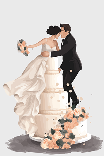 vector illustration wedding cake with bride and groom falling off the side, transparent background